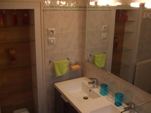a bathroom with a sink and a mirror at Rez-de-jardin 50 m² entre Biarritz et Capbreton in Ondres