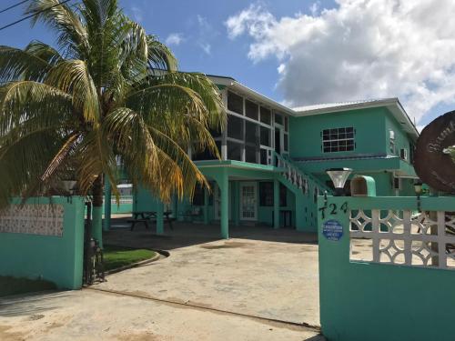 a green building with a palm tree in front of it at Bamboleo Inn in Belize City