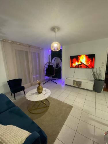 a living room with a couch and a fireplace at l'arc logement in Strasbourg
