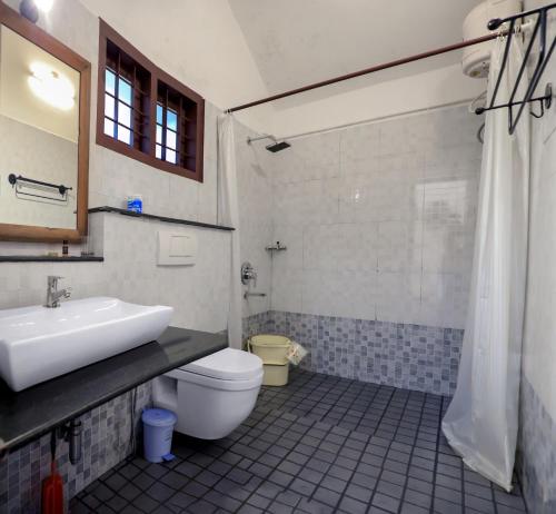 a bathroom with a sink and a toilet at Dhanagiri Home Stay in Vythiri