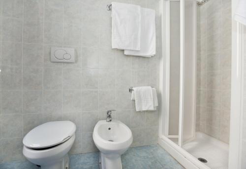 a bathroom with a toilet and a sink and a shower at Hotel San Fantin in Venice