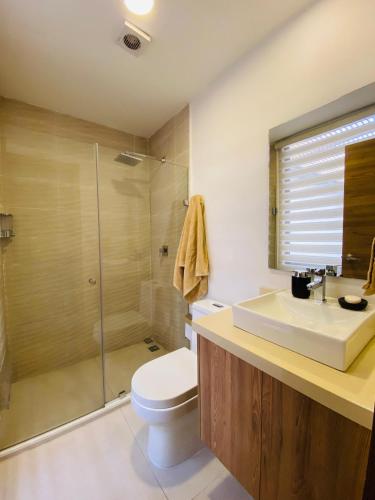 a bathroom with a toilet and a sink and a shower at Hermoso dúplex nuevo con balcón y terraza in Cuenca