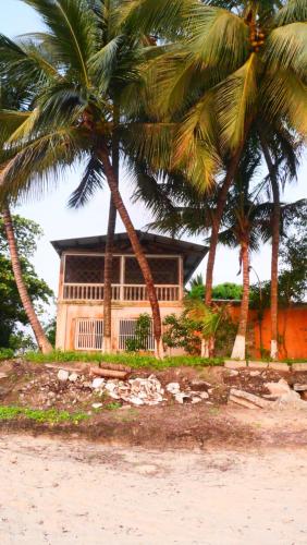 自由市的住宿－Résidence Tropicale，海滩上的房子,前面有棕榈树