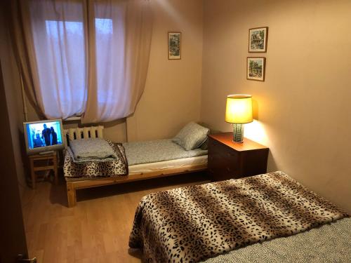 1 dormitorio con 2 camas y TV. en Skolas 1 en Salaspils