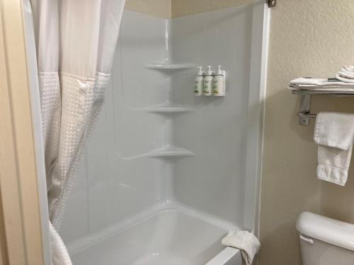 a bathroom with a shower with shelves in it at AmericInn by Wyndham Grinnell in Grinnell