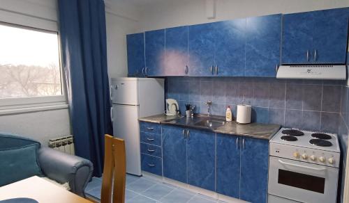 Kostolac的住宿－Apartment White Angel，厨房配有蓝色橱柜和白色冰箱