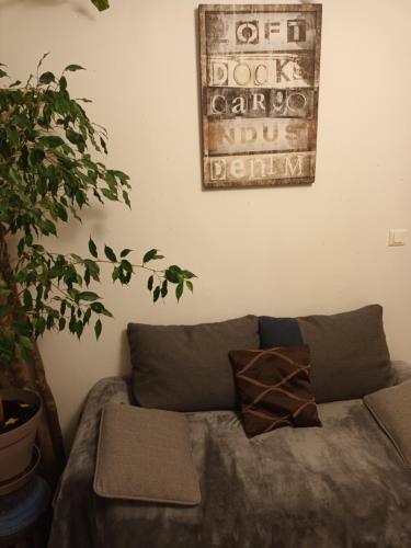 ein Wohnzimmer mit einem Sofa und einem Bild an der Wand in der Unterkunft Tête d'Or Forest in Villeurbanne