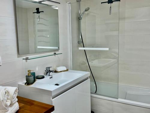 une salle de bain blanche avec un lavabo et une douche dans l'établissement Le grand rue, à Strasbourg