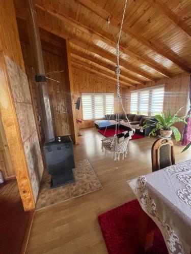 ein Wohnzimmer mit Hängematte in einem Holzhaus in der Unterkunft Los Dudys in Castro