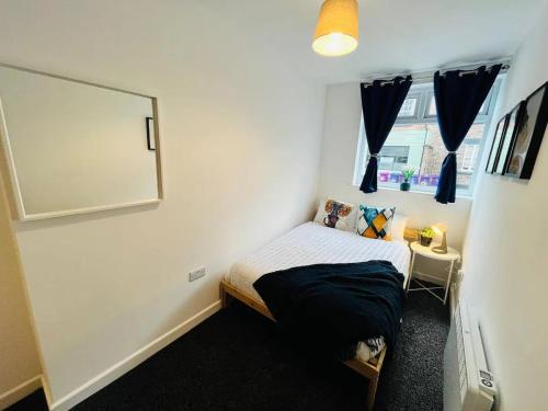 a small bedroom with a bed and a mirror at Charming 1Bed Apt with Street Parking in Liverpool