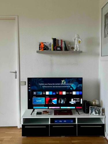 une grande télévision à écran plat dans un salon dans l'établissement The coziest 1B&B near l'Etoile (Arc de Triomphe), à Levallois-Perret