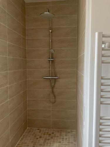 une douche avec pommeau de douche dans une salle de bain dans l'établissement Maison Liséna, à Périgny