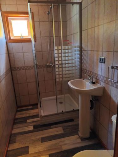 ein Bad mit einer Dusche und einem Waschbecken in der Unterkunft Casa Chiloe in Rauco