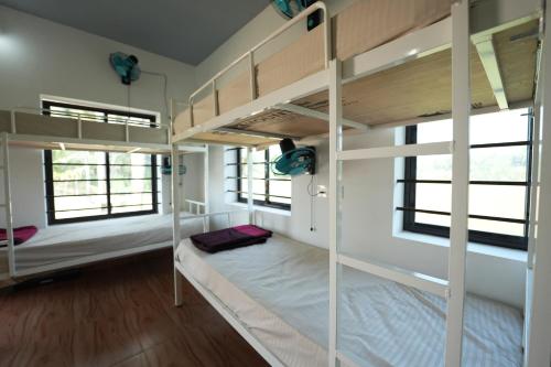 Ce dortoir comprend 2 lits superposés et 2 fenêtres. dans l'établissement Borrbo Beach Hostel Gokarna, à Gokarna