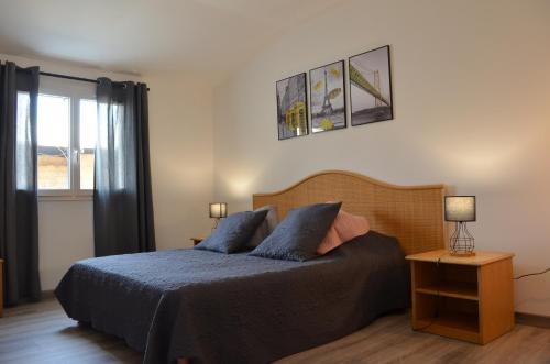 ein Schlafzimmer mit einem Bett mit zwei blauen Kissen in der Unterkunft Gîte les 2 Fontaines in Marans