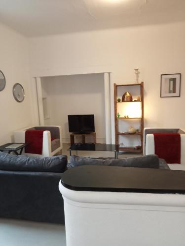 a living room with couches and a table and a television at Logement spacieux et lumineux in Montceau-les-Mines