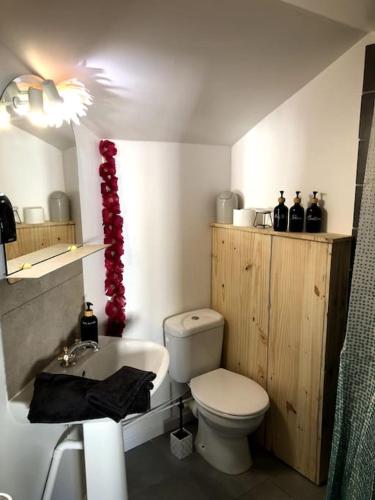 une salle de bain avec toilettes, lavabo et baignoire dans l'établissement Studio cinéma, à Alès