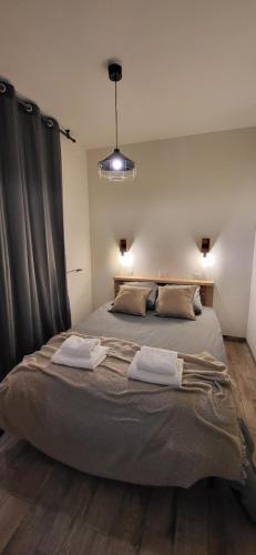 a bedroom with a large bed with two towels on it at Le Loft de Wasselonne in Wasselonne