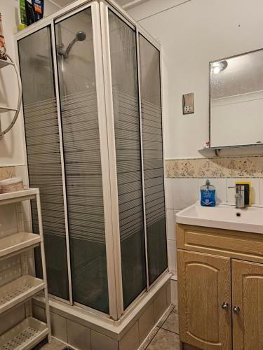 a bathroom with a shower and a sink at 1 Beautiful large room in Goodmayes