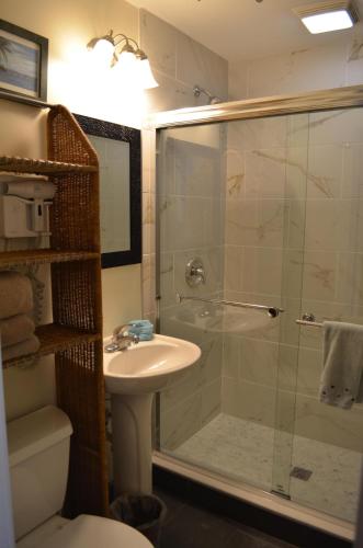 a bathroom with a shower and a sink and a toilet at Nassau Suite Key West in Key West