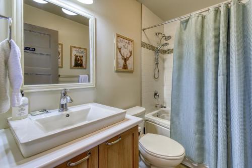 La salle de bains est pourvue d'un lavabo, de toilettes et d'une douche. dans l'établissement 46 Impasse - Lac Superior Getaway 3BR Home w Hot Tub, à Mont-Tremblant