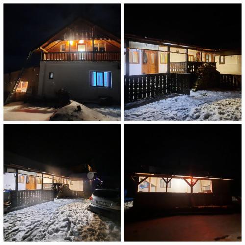 cuatro fotos de una casa en la nieve por la noche en Cabana în zona turistica en Râșca