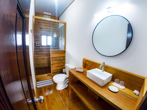 ein Bad mit einem Waschbecken und einem Spiegel in der Unterkunft El Caribeo in Bocas del Toro