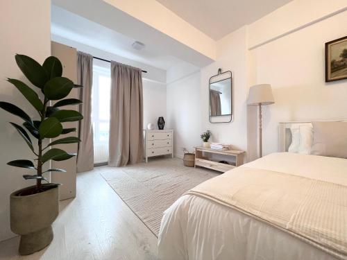 a bedroom with a bed and a potted plant at Apartament Vivo & Pool access - Free parking in Constanţa