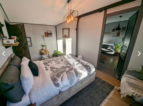a bedroom with a bed and a living room at Le Chaumontais Écolo et sa terrasse privée in Chaumont