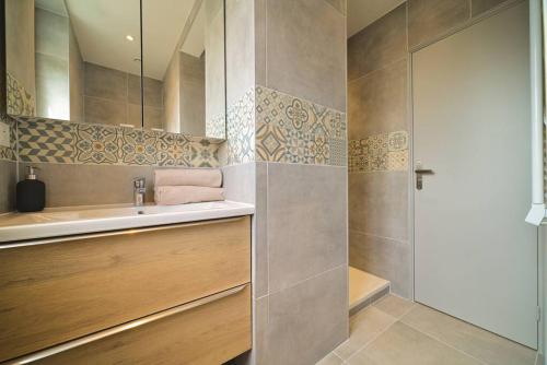 une salle de bain avec un lavabo et une douche dans l'établissement BuranoRoom Jacuzzi haut de gamme Parkingfree, à Mulhouse