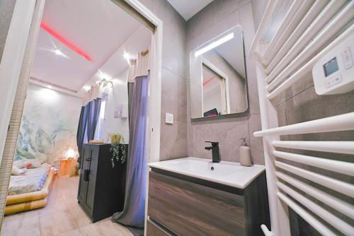 une salle de bain avec un lavabo et une douche dans l'établissement Tropicoon Room jacuzzi centre ville parking free, à Mulhouse