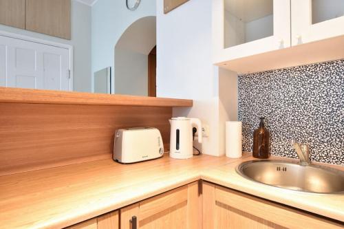 a kitchen with a sink and a toaster on a counter at Serene 1BR with Sauna & Private Entrance in Tallinn