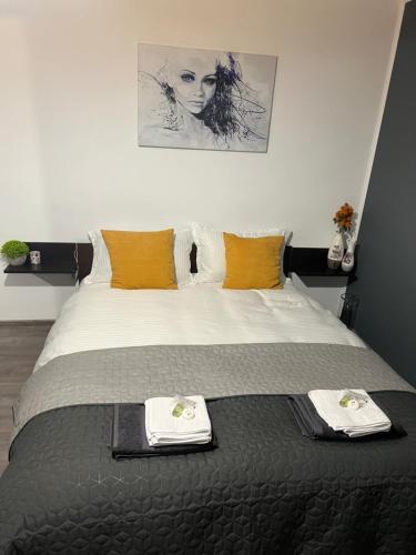 1 dormitorio con 1 cama grande y 2 toallas. en Copou lângă Parhon IRO Stadion, en Iaşi