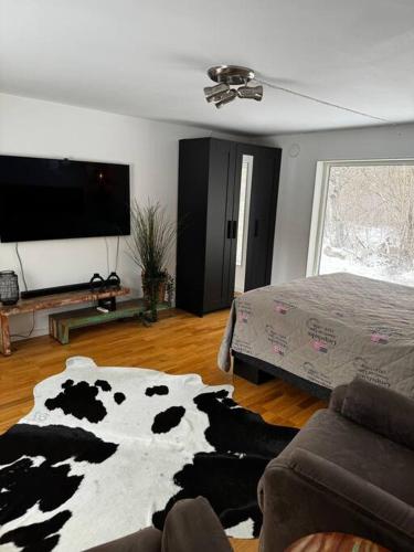 a living room with a cow rug on the floor at Mysigt hus på 40 kvm i Målaskog in Ryssby