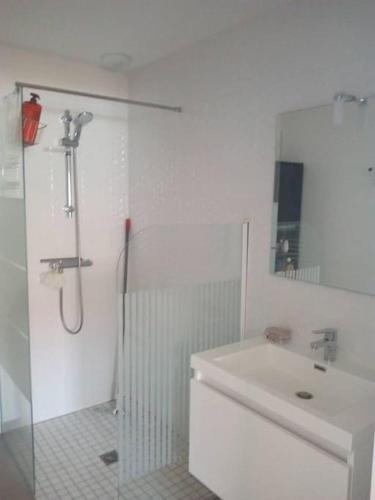 une salle de bain blanche avec une douche et un lavabo dans l'établissement Maison neuve plain-pied à 400m de la plage, jardin, garage, à La Tranche-sur-Mer