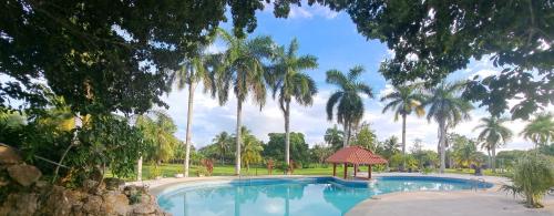 a swimming pool with a gazebo and palm trees at Xanthus Hotel in Huay Pix