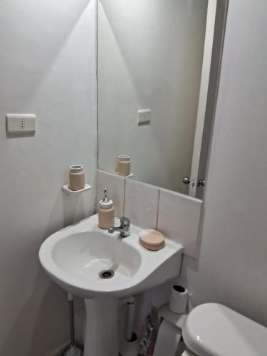 a white bathroom with a sink and a toilet at Disfruta de un tranquilo departamento en el centro a pasos del Hipodromo in Santiago