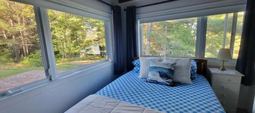 a bedroom with a bed with blue and white pillows at The Boshrock in Carnarvon