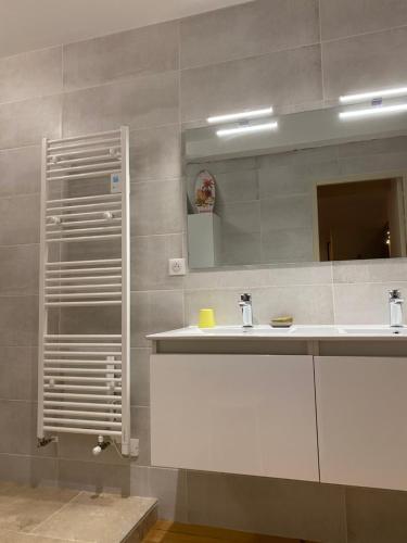 a bathroom with a white sink and a mirror at Les Chambres des 3 Chouettes in Sepx