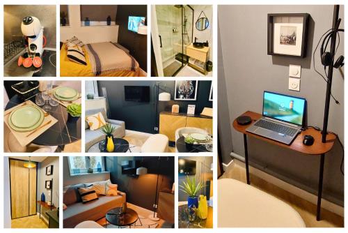 un collage de différentes images d'une pièce dans l'établissement L'Aurore Berbère, hypercentre de Rouen, au calme, à Rouen