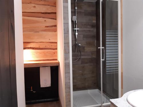 a bathroom with a shower with a glass door at Manoir Saint-Pardoux 63680 in La Tour-dʼAuvergne