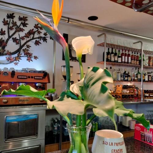 a vase with flowers in it on a counter at Hotel Capellan in Navia