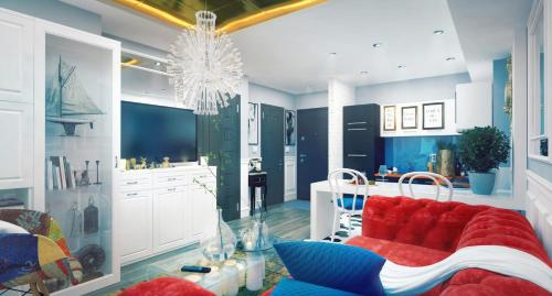 ブカレストにあるCasa Mia - Modern Luxury Apartamentのリビングルーム(赤いソファ付)、キッチン