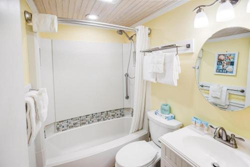 a bathroom with a toilet and a sink and a mirror at Tranquil 3rd Flr Resort View King Room in Pawleys Island