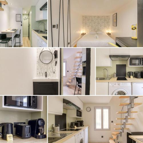 un collage de photos d'une cuisine et d'une chambre dans l'établissement Tiny-duplex, à Lyon