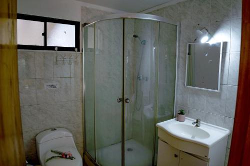 a bathroom with a shower and a toilet and a sink at Cabañas moeVarua en Tahai in Hanga Roa