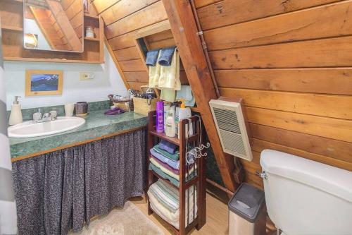 un bagno con lavandino e servizi igienici in una cabina di Douglas Island A-frame Cabin in the Woods a Juneau