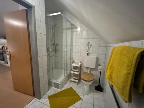 a small bathroom with a shower and a toilet at Gemütliche Garconniere im Zentrum von Pregarten in Pregarten