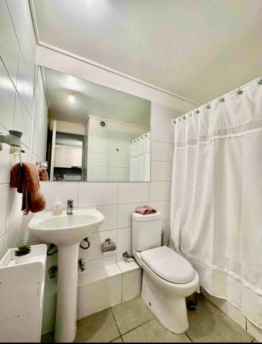 a white bathroom with a toilet and a sink at Central y con todas las comodidades 2 in Santiago