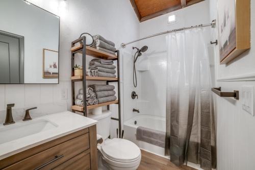 e bagno con doccia, servizi igienici e lavandino. di Chic Greek Peak Ski Resort Townhome with Balconies a Cortland